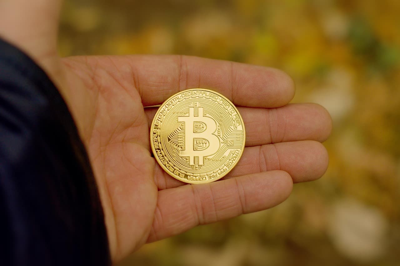 Open palm holding a gold physical Bitcoin coin against a blurred outdoor background